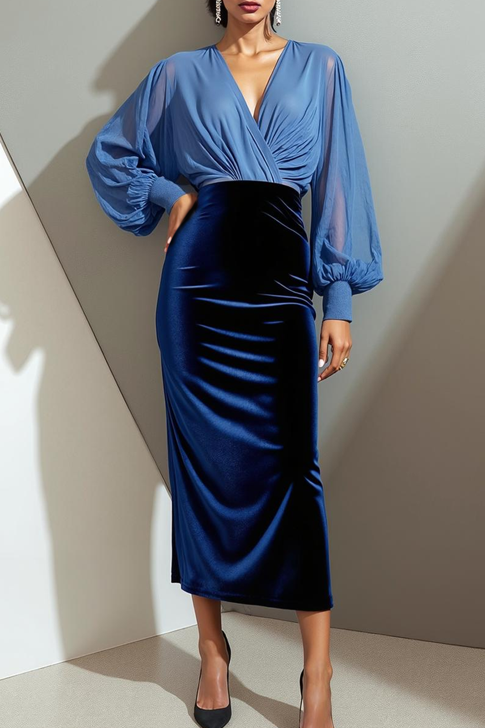Modecrush Velvet Blue Two-Piece V-Neck Long Sleeves Formal Dress