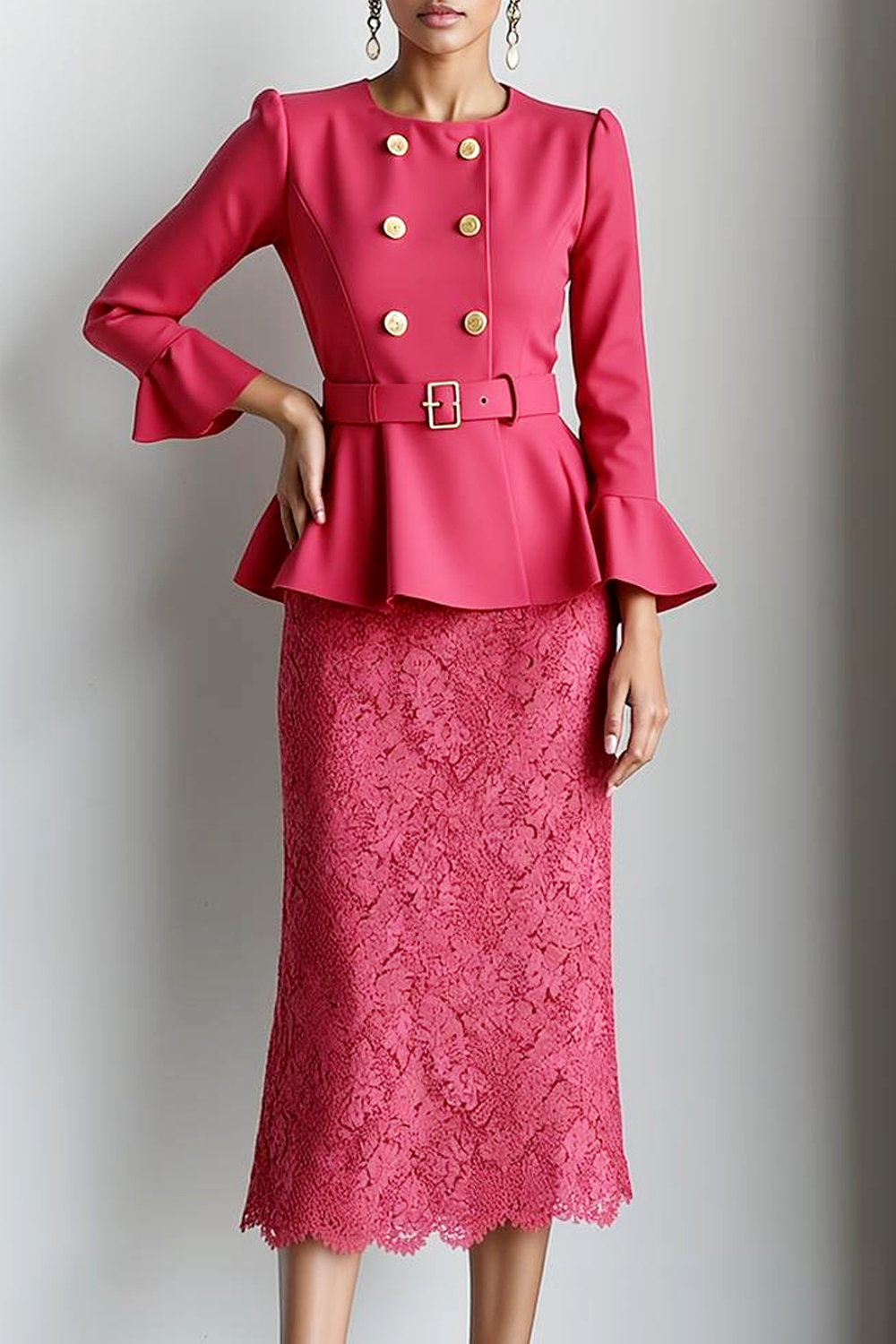 Modecrush Sheath Fuchsia Crew Neck Long Sleeves Appliqued Formal Dress 