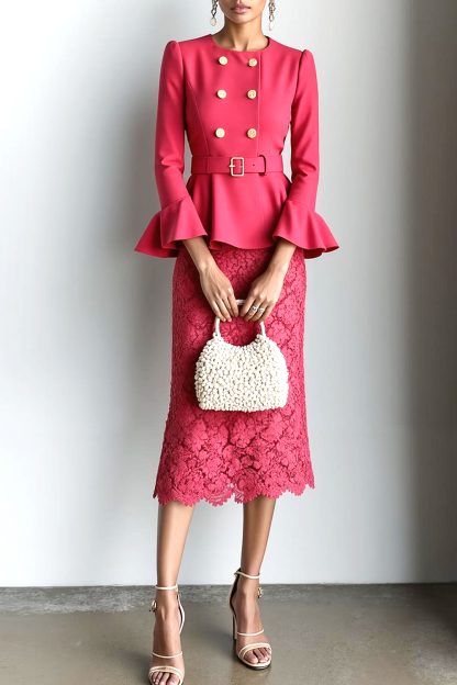 Modecrush Sheath Fuchsia Crew Neck Long Sleeves Appliqued Formal Dress 