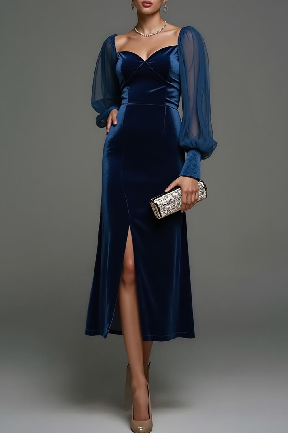 Modecrush Navy Sheath Sweetheart Velvet Illusion Long Sleeves Formal Dress with Slit