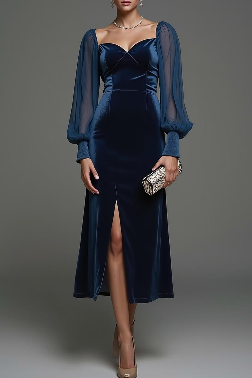 Modecrush Navy Sheath Sweetheart Velvet Illusion Long Sleeves Formal Dress with Slit