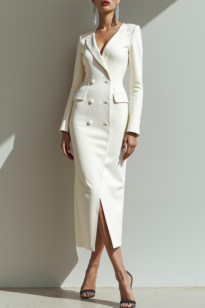 Modecrush White Sheath Shawl Lapel Midi Formal Dress with Long Sleeves