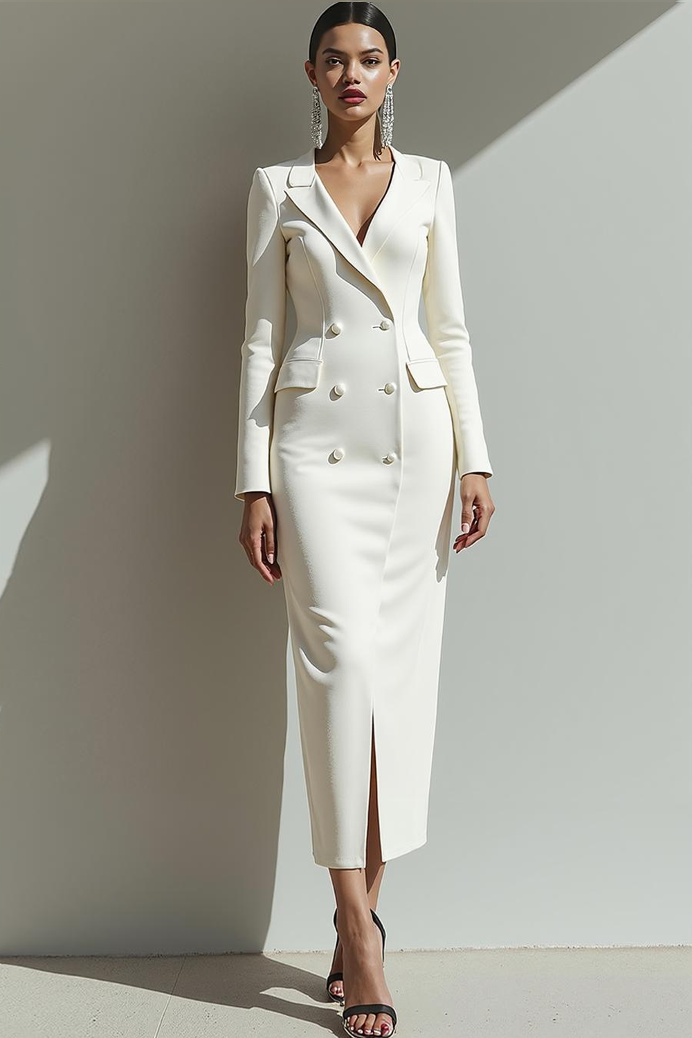 Modecrush White Sheath Shawl Lapel Midi Formal Dress with Long Sleeves