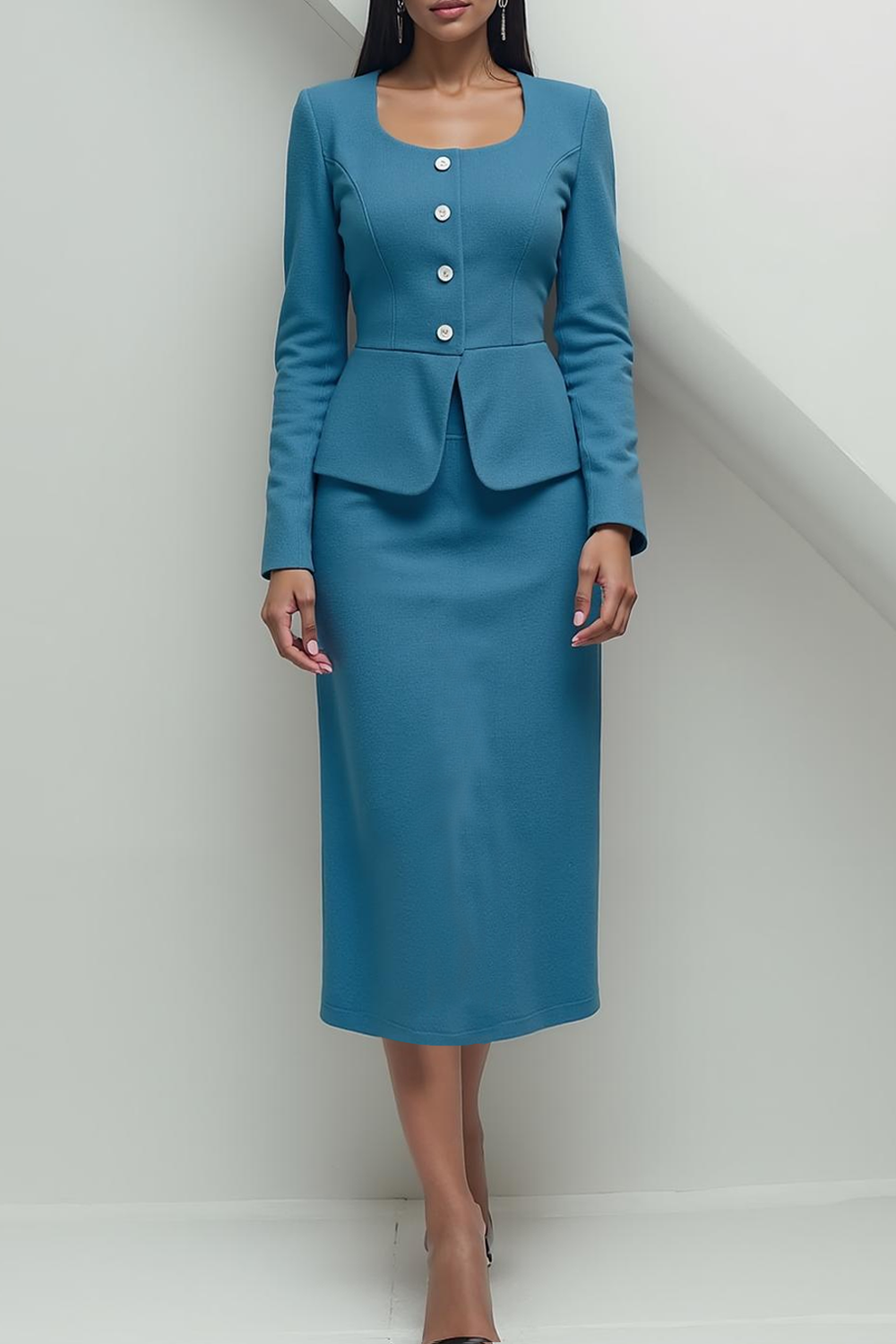 Modecrush Blue Two Piece Square Neck Long Sleeves Formal Dress