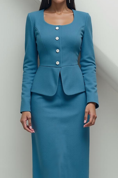 Modecrush Blue Two Piece Square Neck Long Sleeves Formal Dress