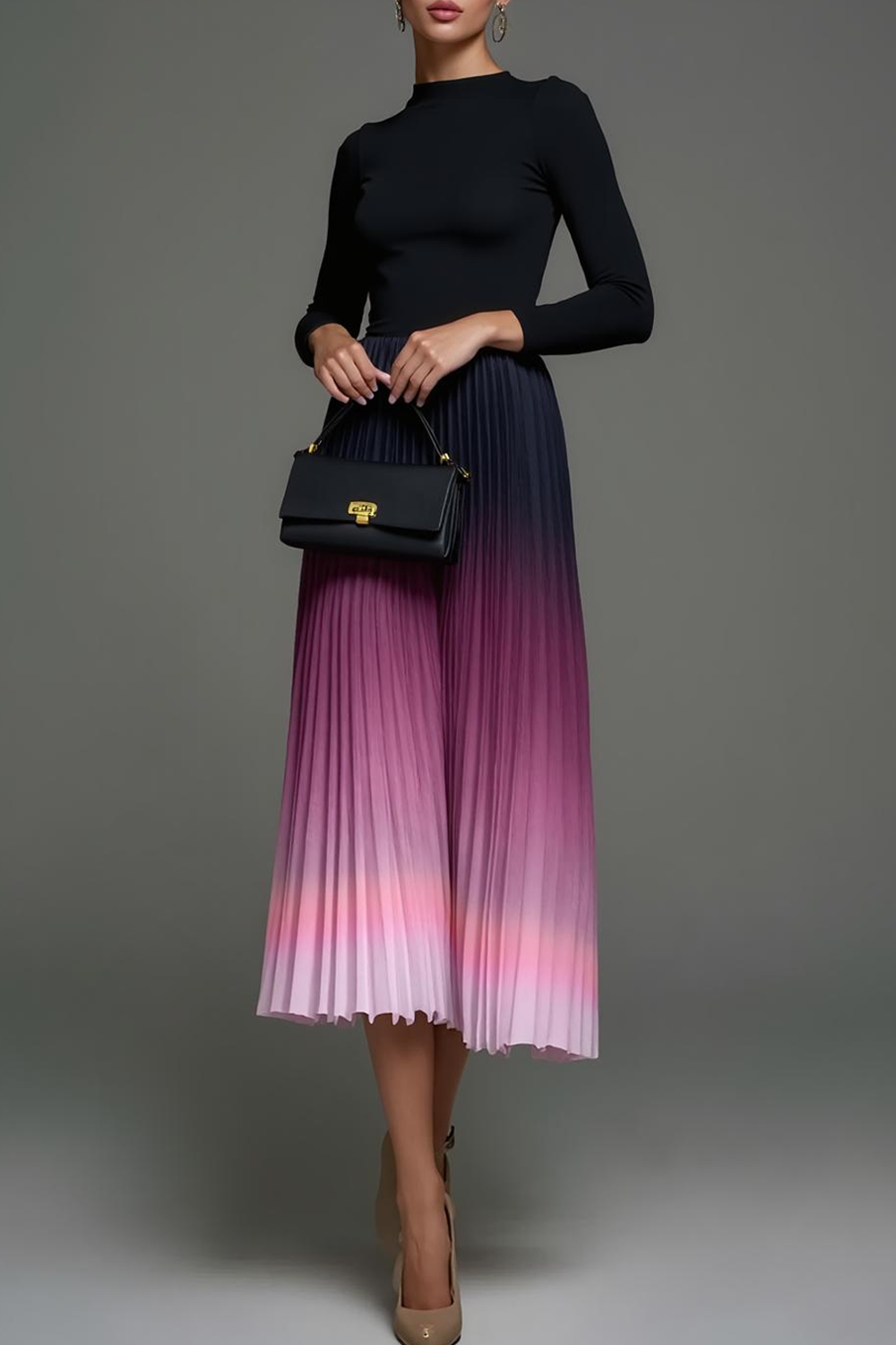 Modecrush Black A-Line Crew Neck Midi Pleated Formal Dress 