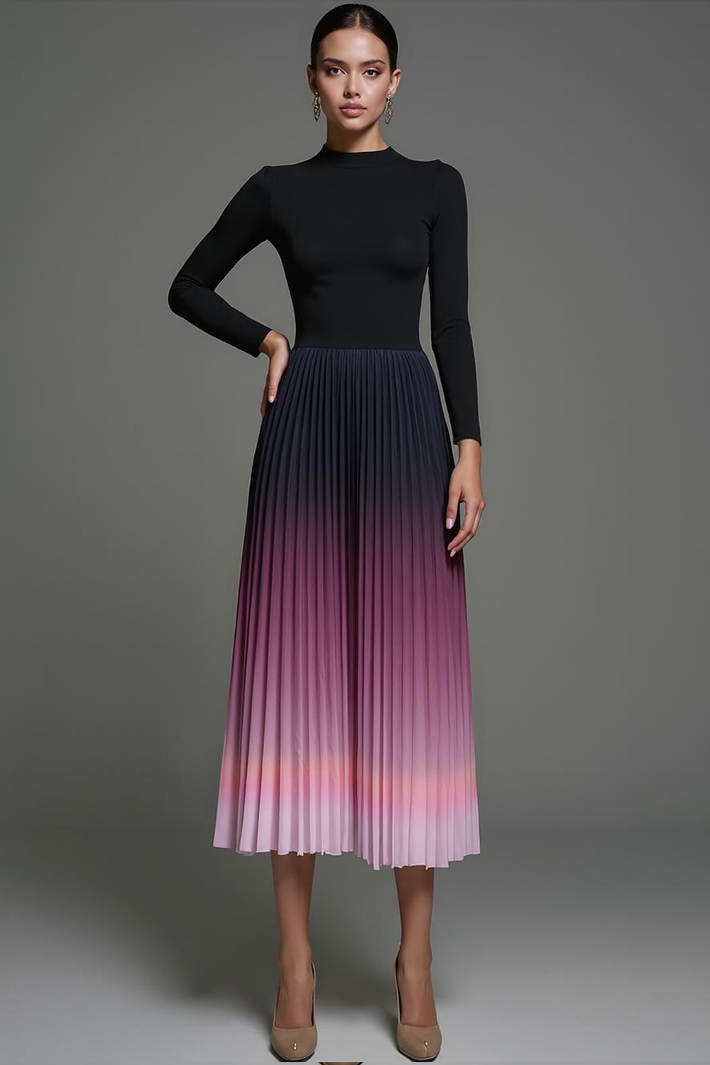 Modecrush Black A-Line Crew Neck Midi Pleated Formal Dress 