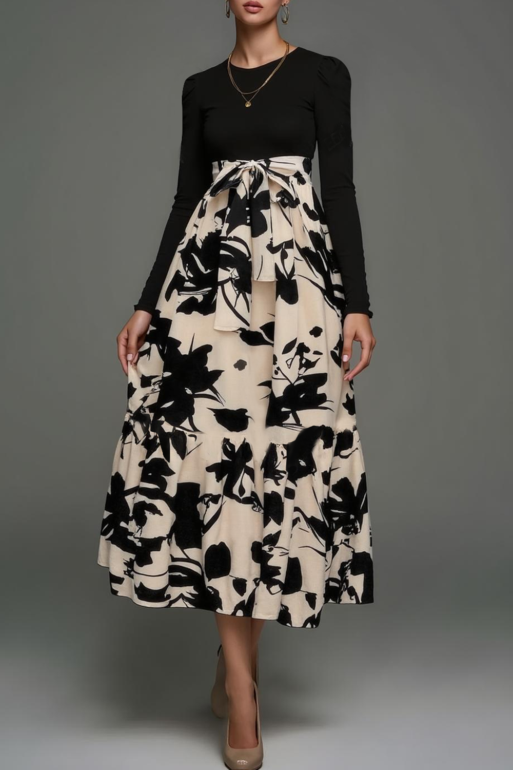 Modecrush A-Line Black Crew Neck Long Sleeves Splicing Formal Dress 