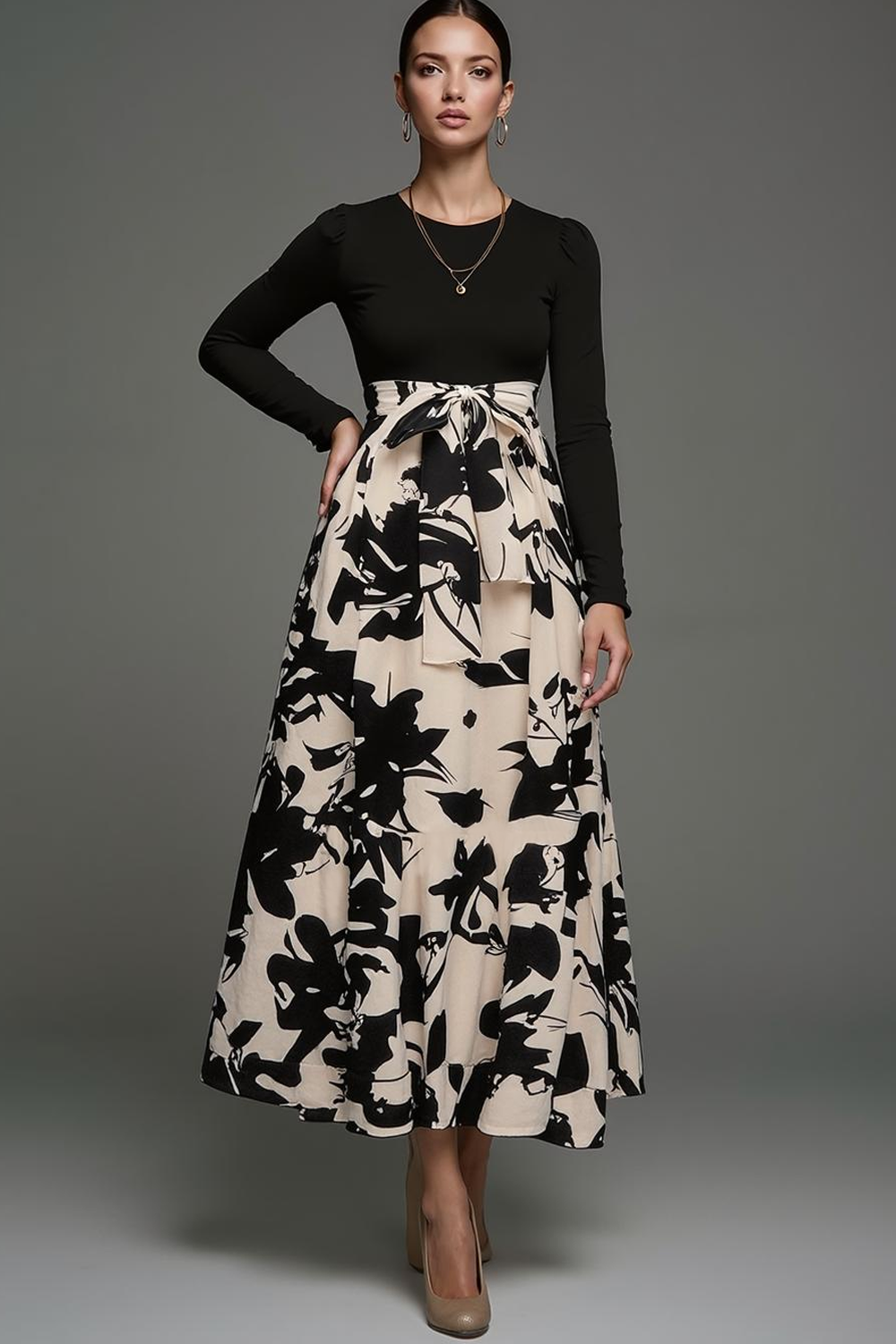 Modecrush A-Line Black Crew Neck Long Sleeves Splicing Formal Dress 