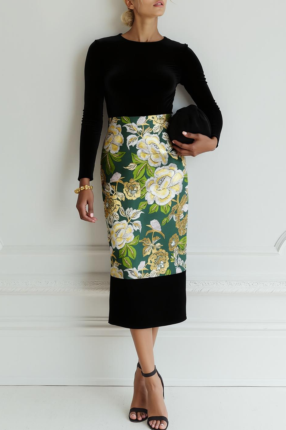 Modecrush Sheath Floral Black Crew Neck Long Sleeves Splicing Formal Dress 