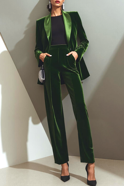 Modecrush Olive Two Piece Shawl Lapel Long Sleeves Pantsuits