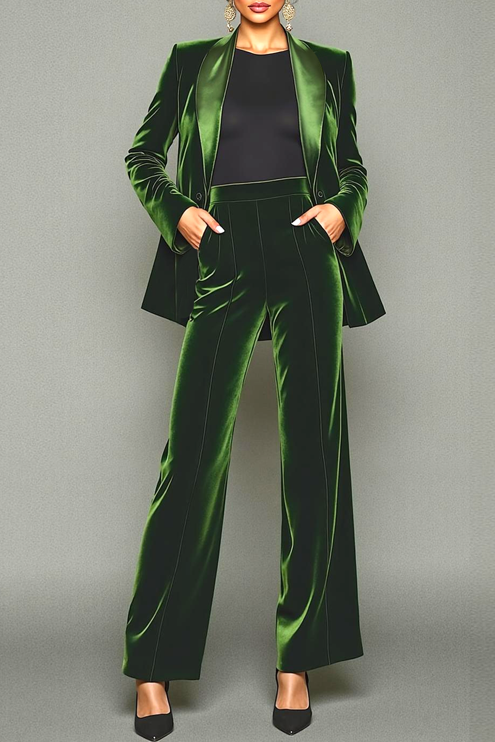 Modecrush Olive Two Piece Shawl Lapel Long Sleeves Pantsuits