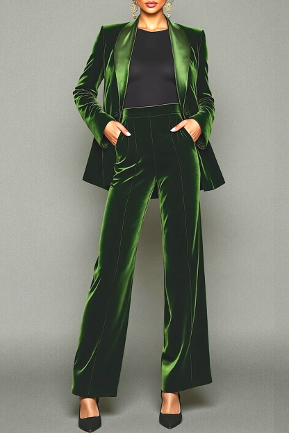 Modecrush Olive Two Piece Shawl Lapel Long Sleeves Pantsuits