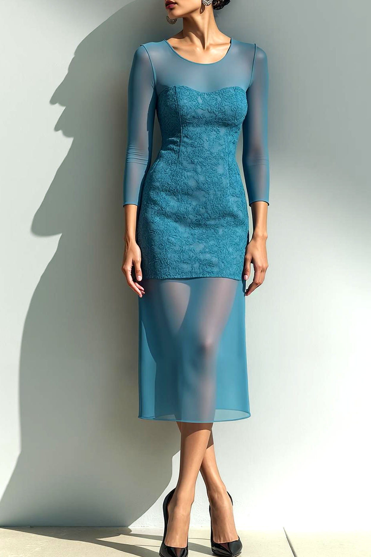 Modecrush Sheath Blue Crew Neck Tulle Midi Formal Dress with Appliques