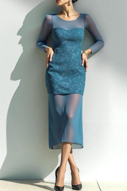 Modecrush Sheath Blue Crew Neck Tulle Midi Formal Dress with Appliques