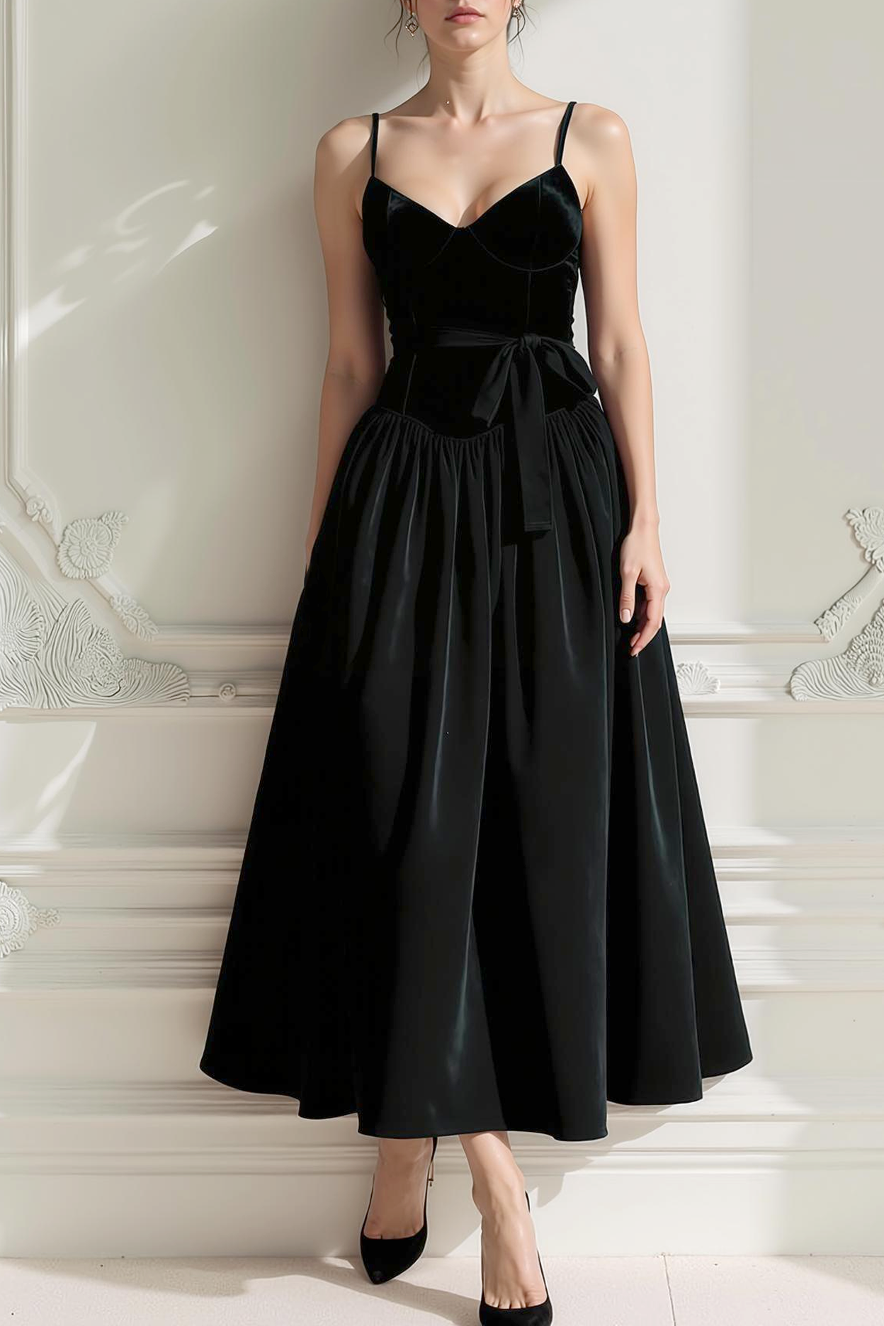 Modecrush Cabernet A-Line Spaghetti Straps Velvet Midi Formal Dress 