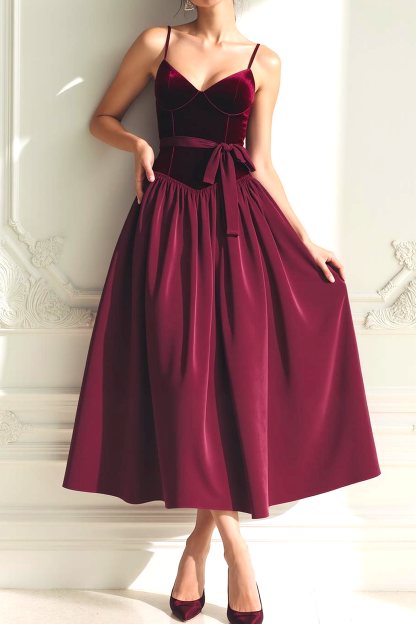 Modecrush Cabernet A-Line Spaghetti Straps Velvet Midi Formal Dress 