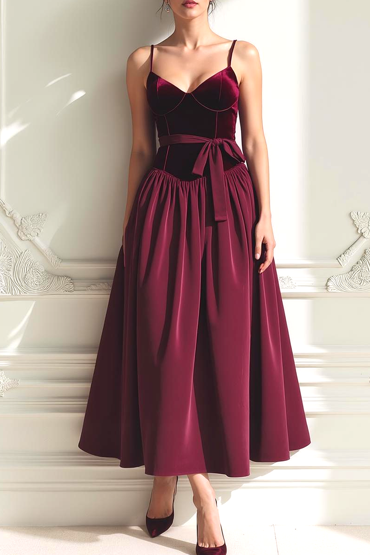 Modecrush Cabernet A-Line Spaghetti Straps Velvet Midi Formal Dress 