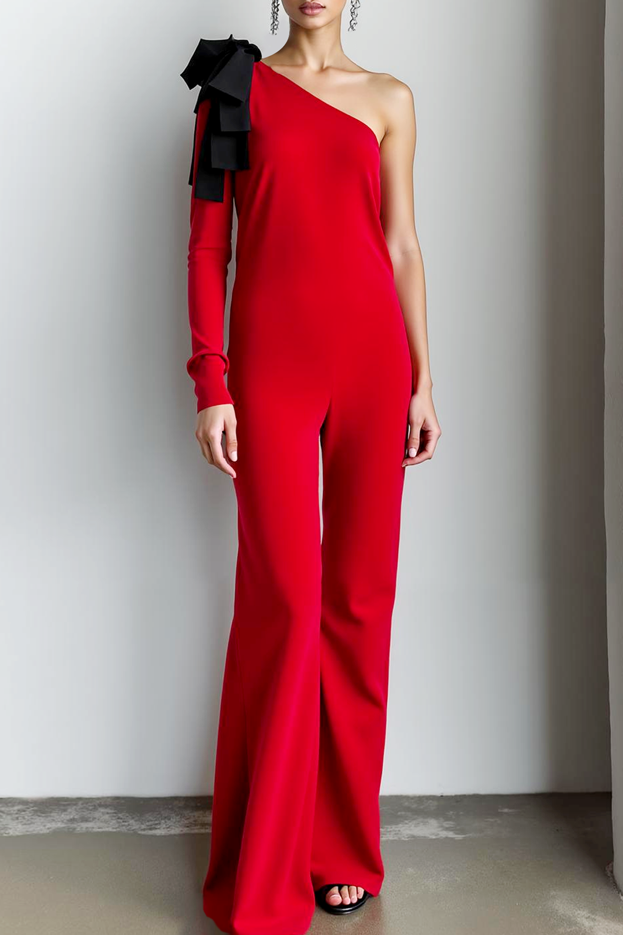 Modecrush Red Two Piece One Shoulder Long Sleeve Pantsuits