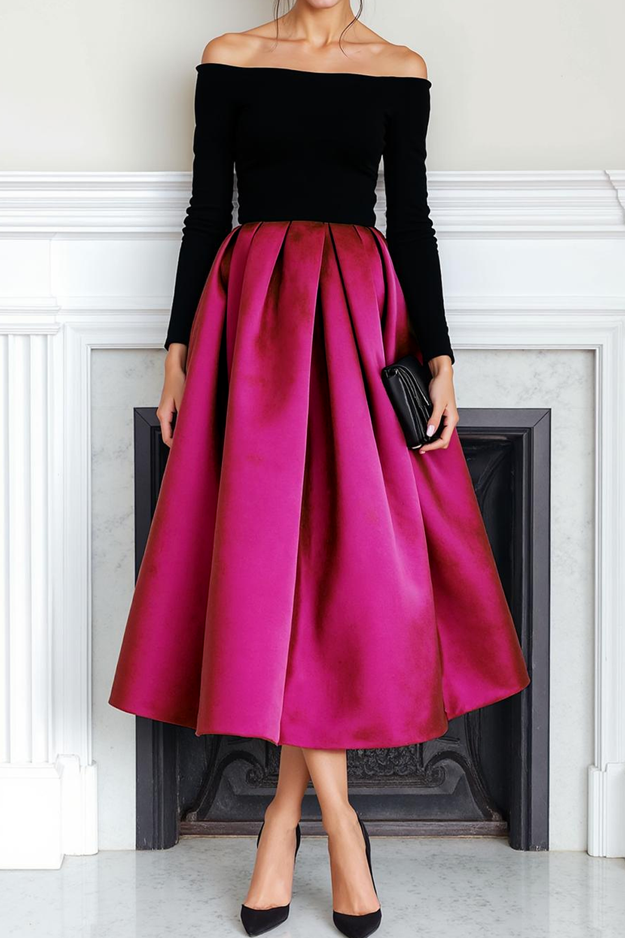 Modecrush Velvet Fuchsia A-Line Off the Shoulder Long Sleeves Formal Dress