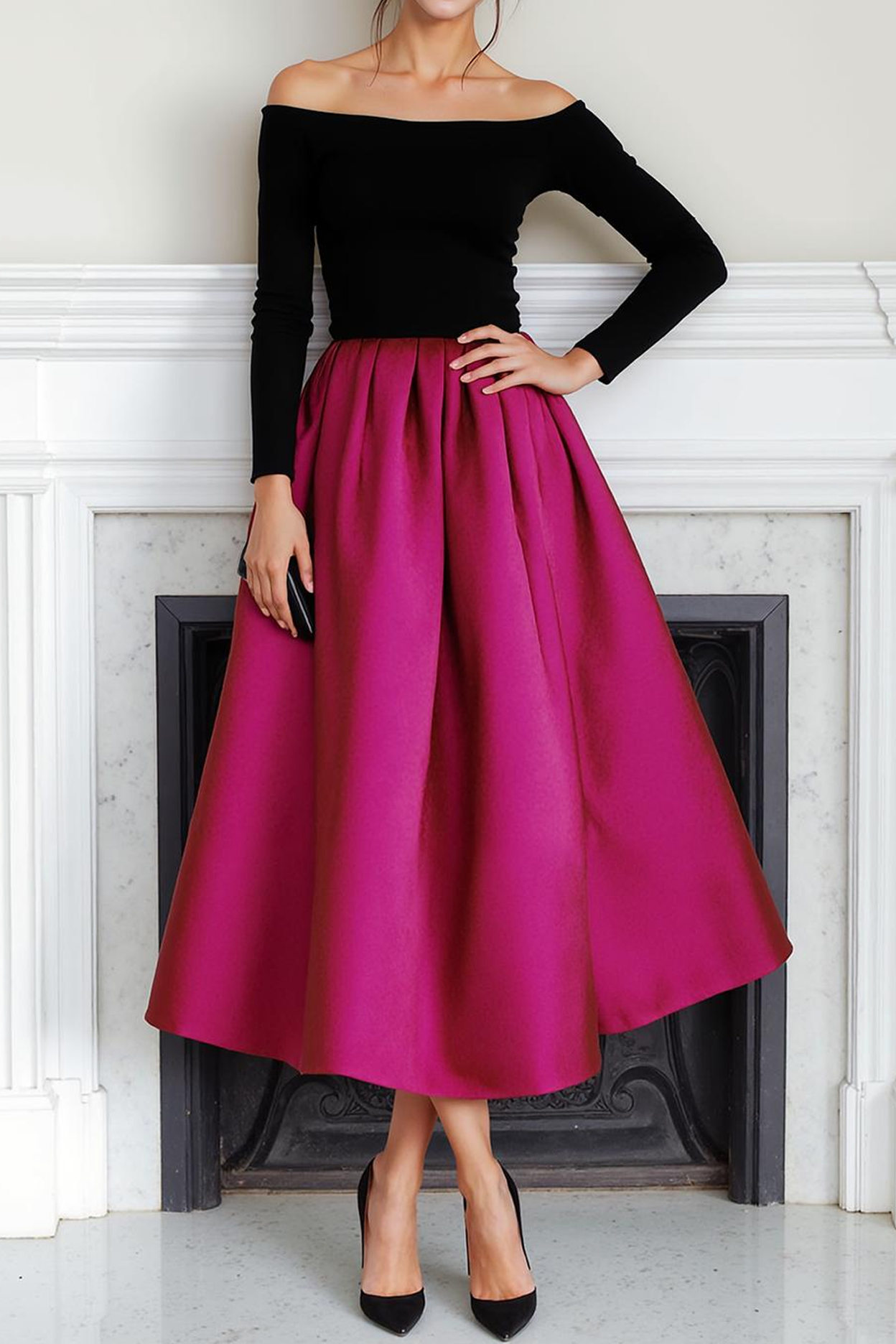 Modecrush Velvet Fuchsia A-Line Off the Shoulder Long Sleeves Formal Dress