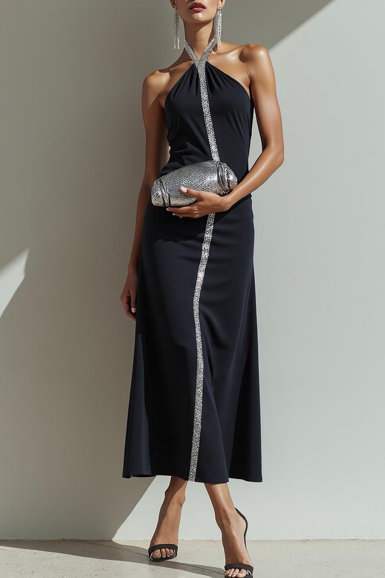 Modecrush Sheath Navy Halter Splicing Formal Dress with Sequins