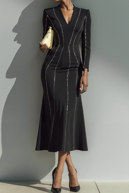 Modecrush Sparkly Black Sheath V-Neck Formal Dress with Sequins