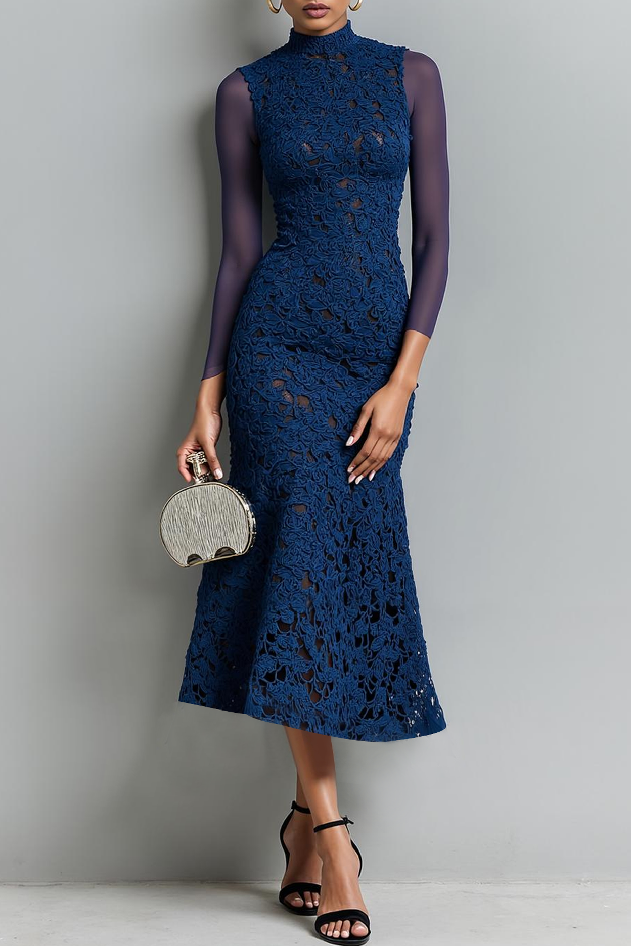 Modecrush Sheath Navy Crew Neck Long Sleeves Lace Formal Dress 