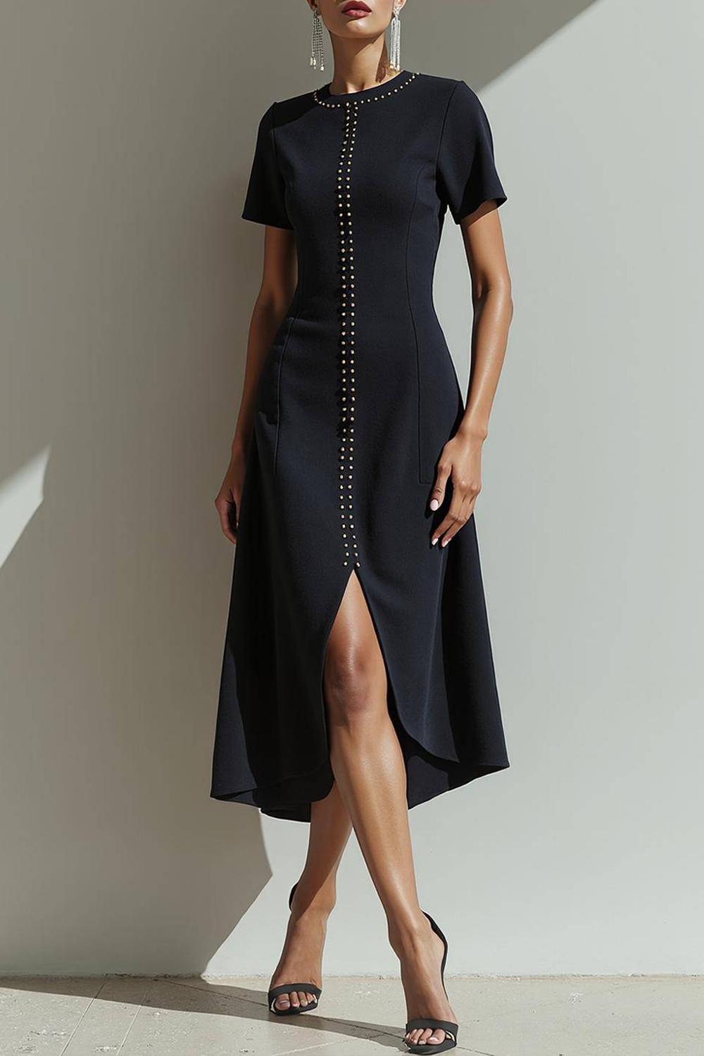 Modecrush Black Sheath Crew Neck Short Sleeves Midi Formal Dress with Slit