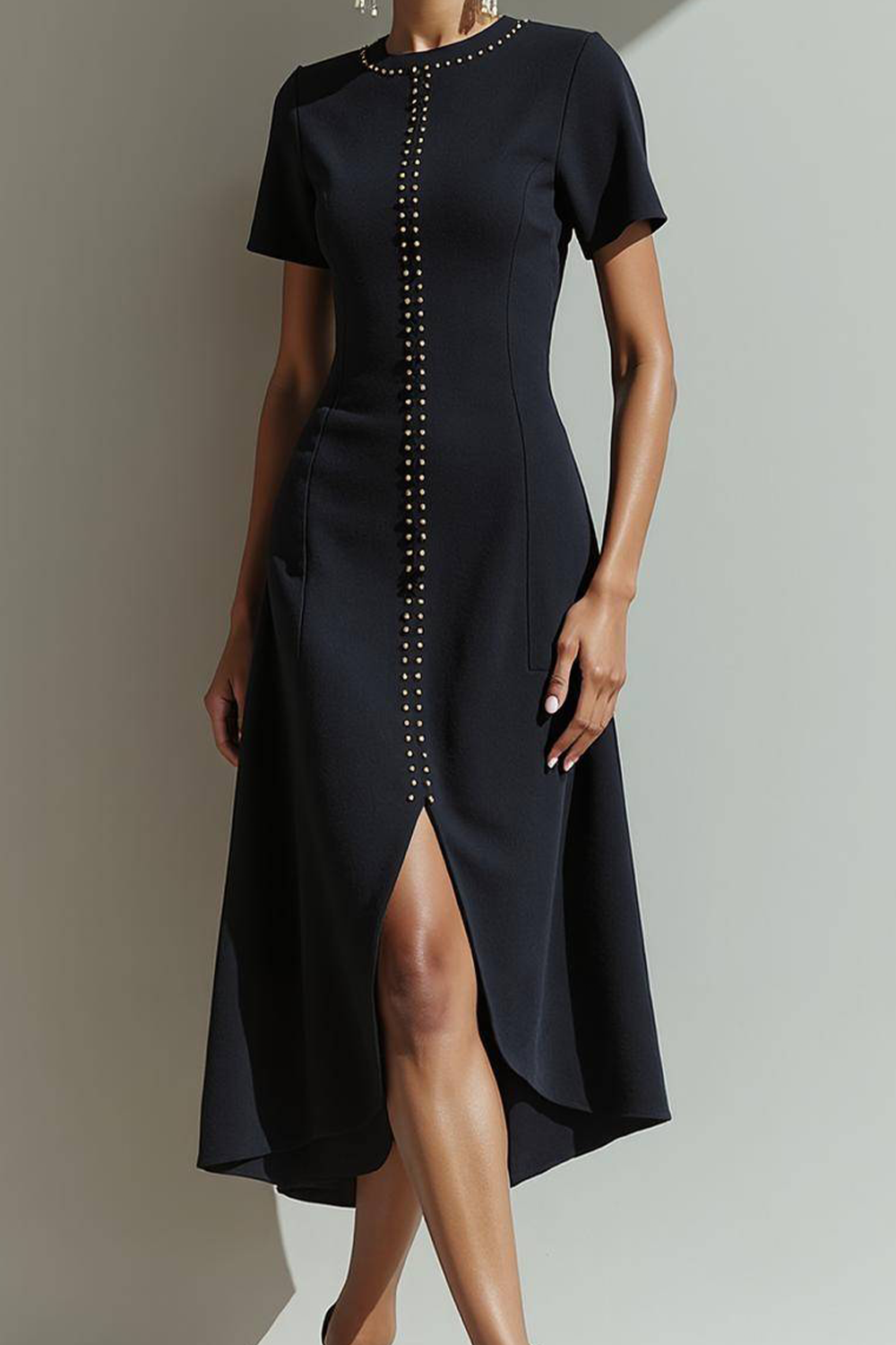 Modecrush Black Sheath Crew Neck Short Sleeves Midi Formal Dress with Slit