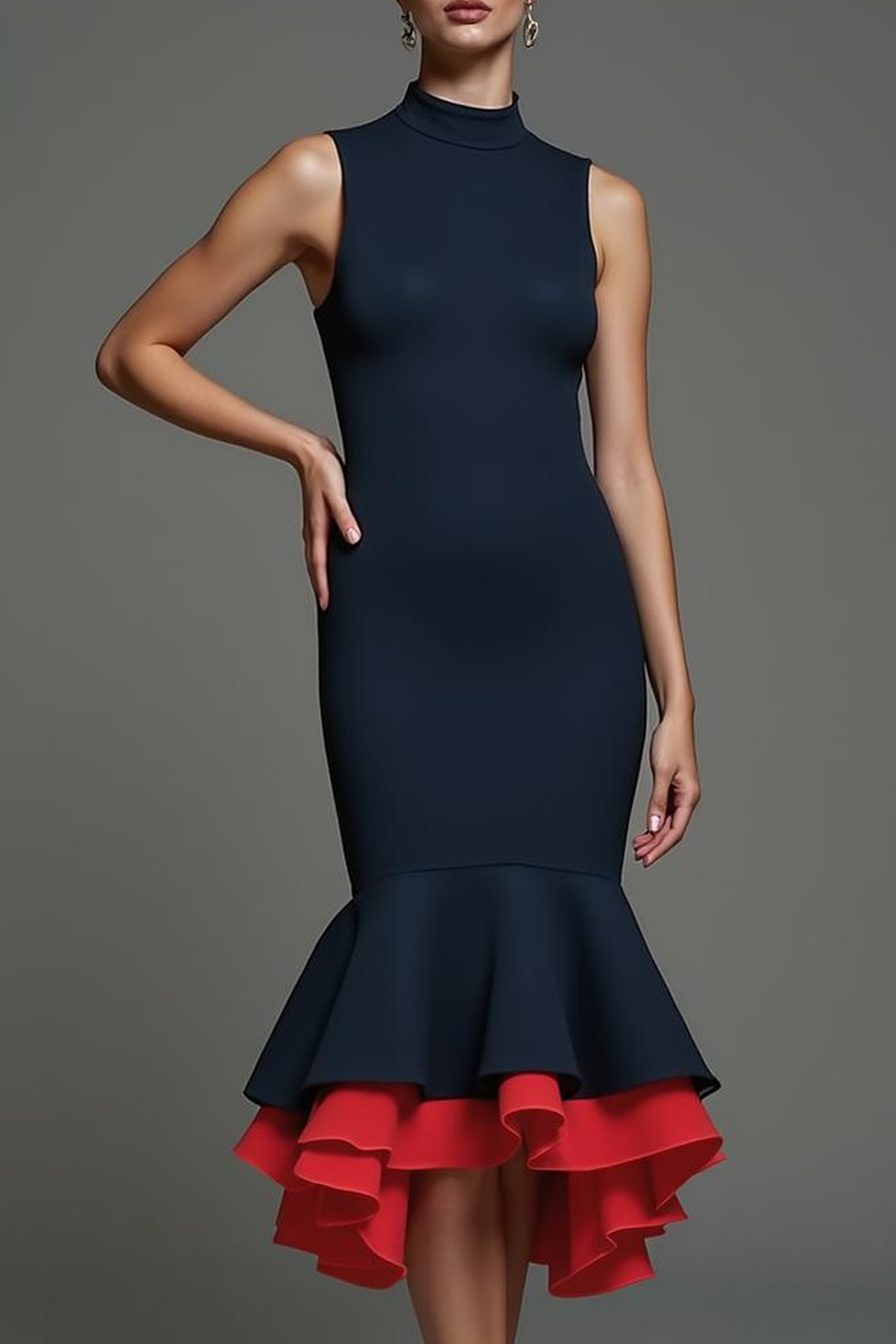 Modecrush Navy Mermaid Crew Neck Sleeveless Formal Dress with Ruffles