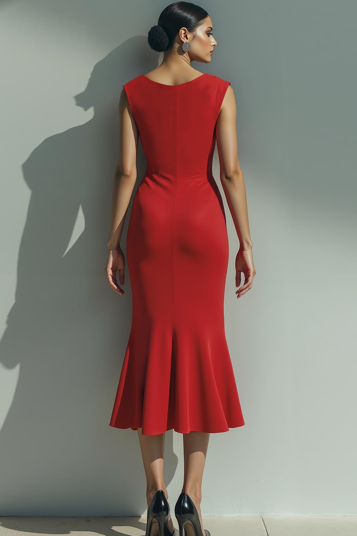 Modecrush Red Mermaid Crew Neck Midi Formal Dress with Slit