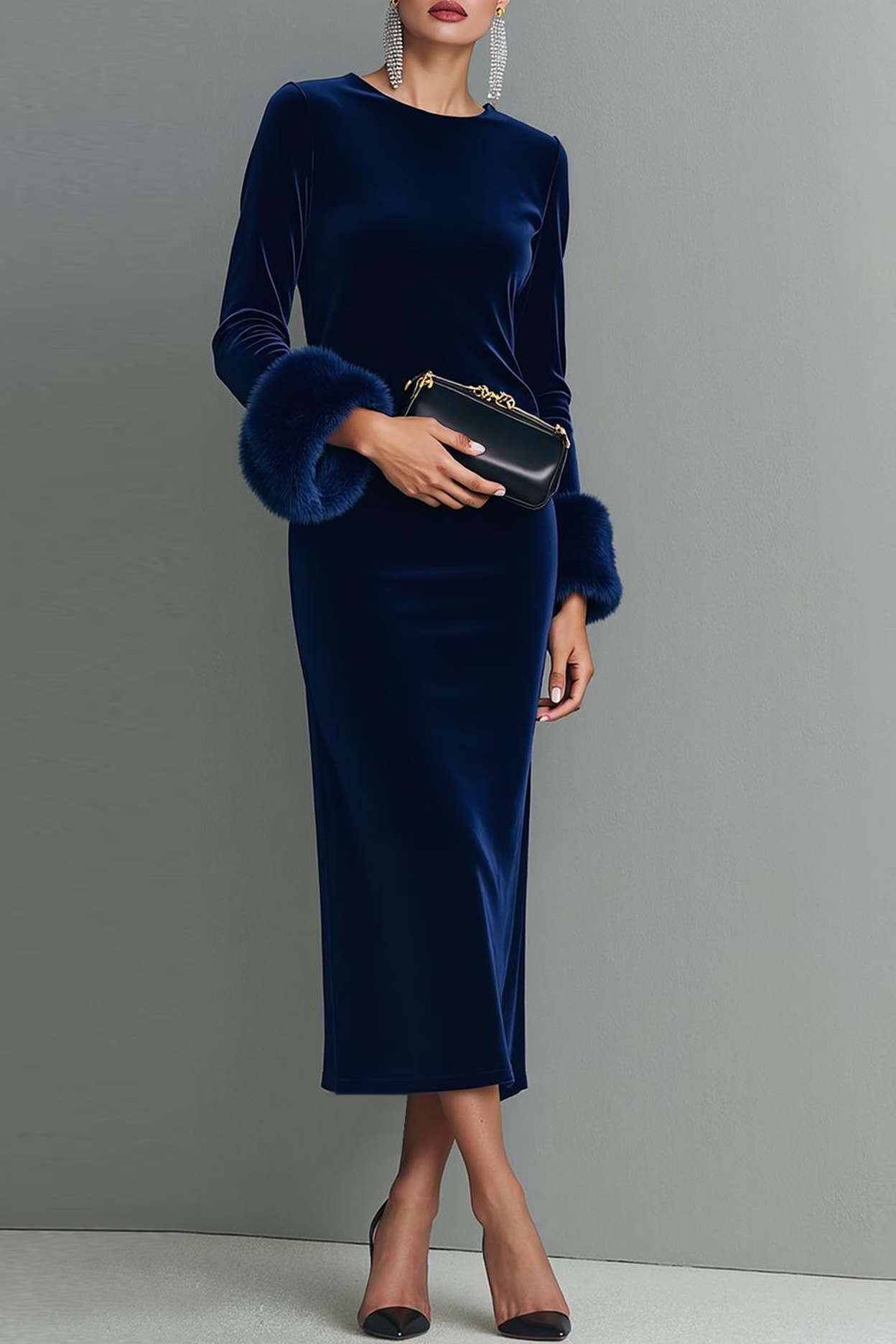 Modecrush Dark Blue Sheath Crew Neck Long Sleeves Velvet Formal Dress 