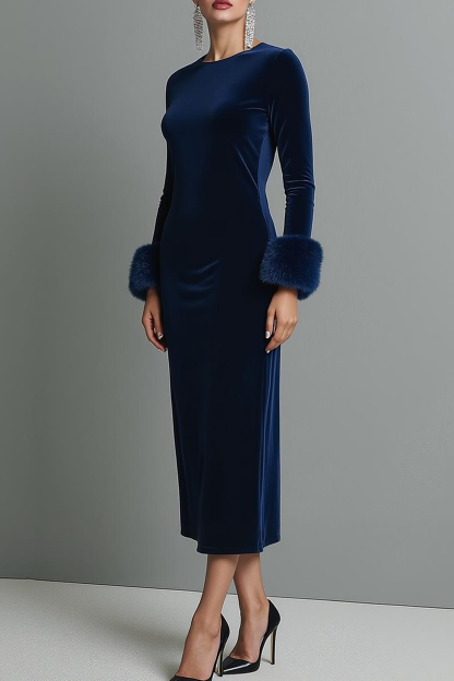 Modecrush Dark Blue Sheath Crew Neck Long Sleeves Velvet Formal Dress 