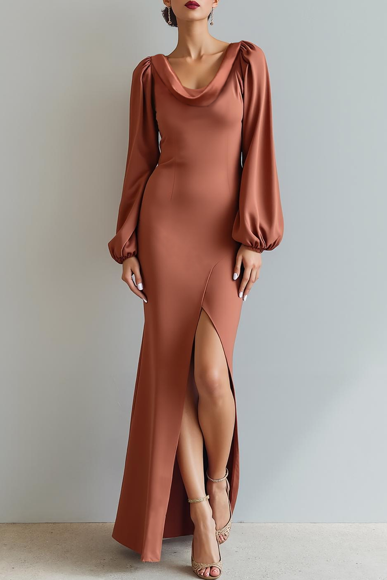 Modecrush Bronzer Sheath Scoop Long Sleeves Satin Long Formal Dress with Slit