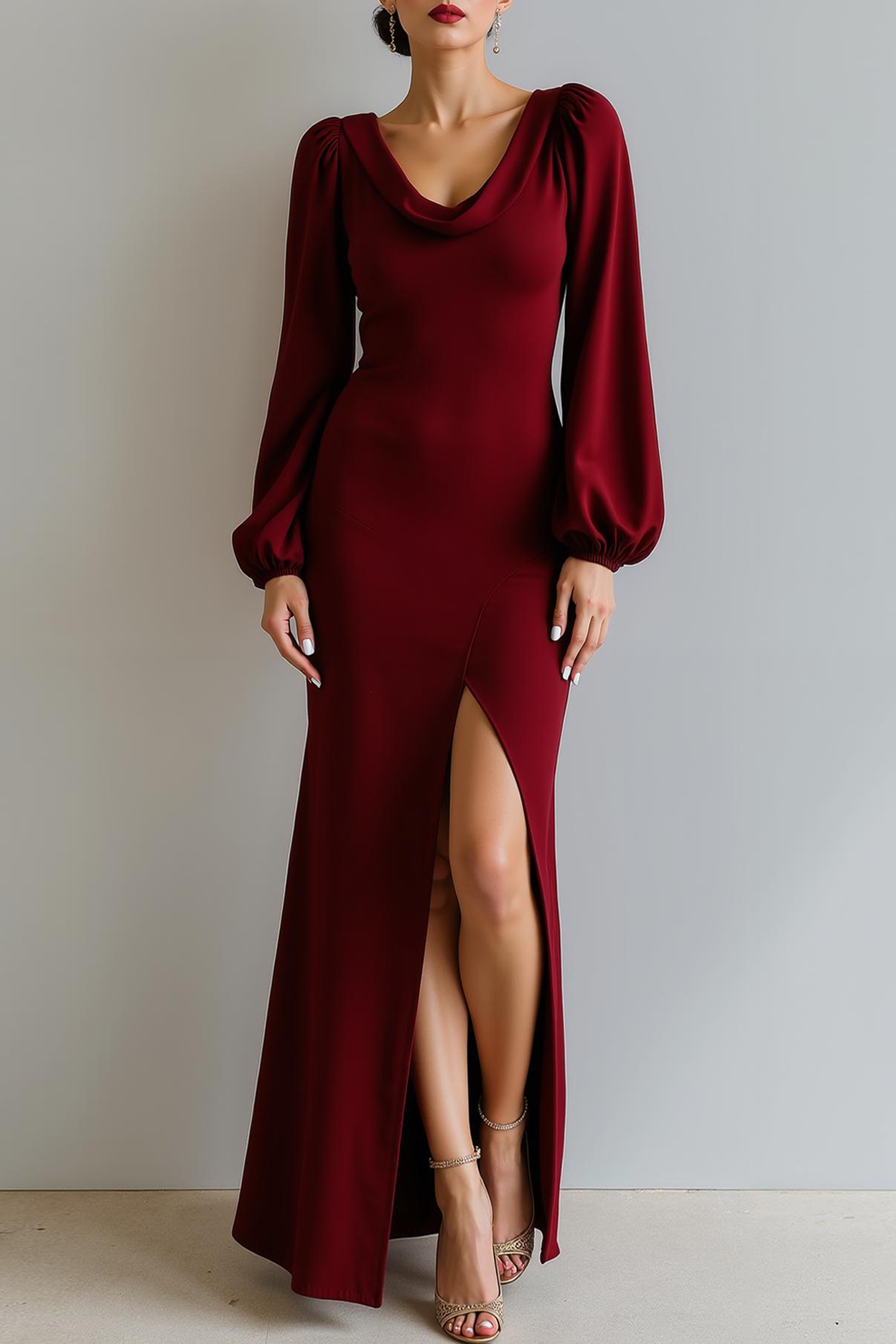 Modecrush Bronzer Sheath Scoop Long Sleeves Satin Long Formal Dress with Slit