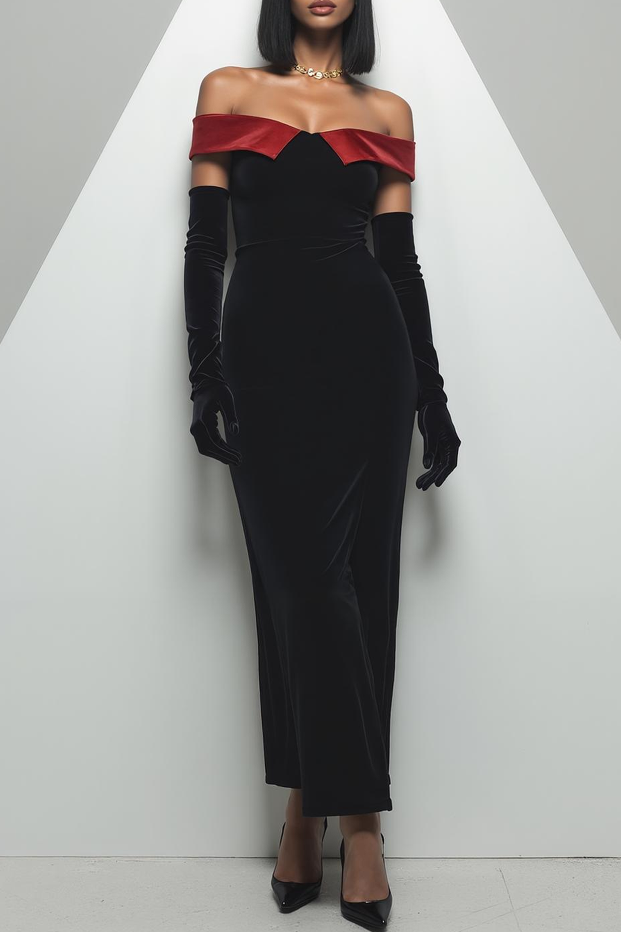 Modecrush Black Sheath Off the Shoulder Long Sleeves Velvet Splicing Formal Dress 