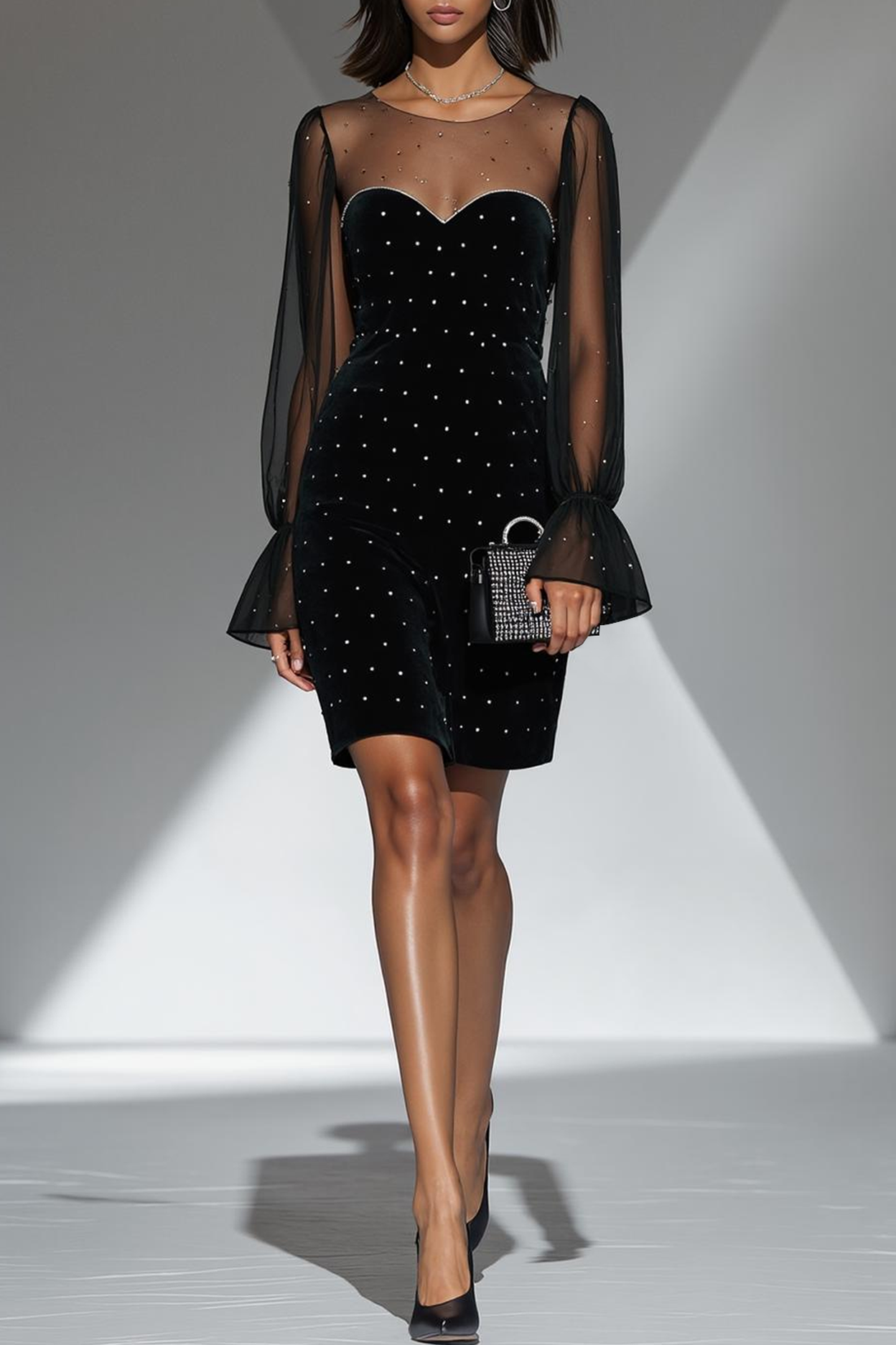 Modecrush Black Sheath Illusion Neck Long Sleeves Velvet Short Formal Dress 