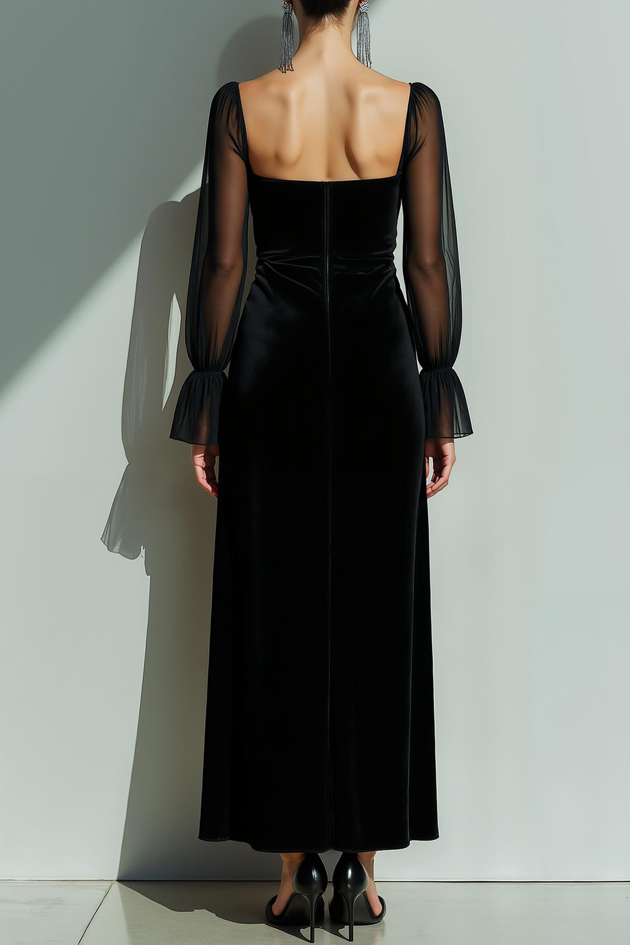 Modecrush Sheath Black Illusion Neck Long Sleeves Velvet Formal Dress with Slit