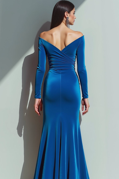 Modecrush Velvet Sheath Blue Off the Shoulder Long Sleeves Formal Dress 