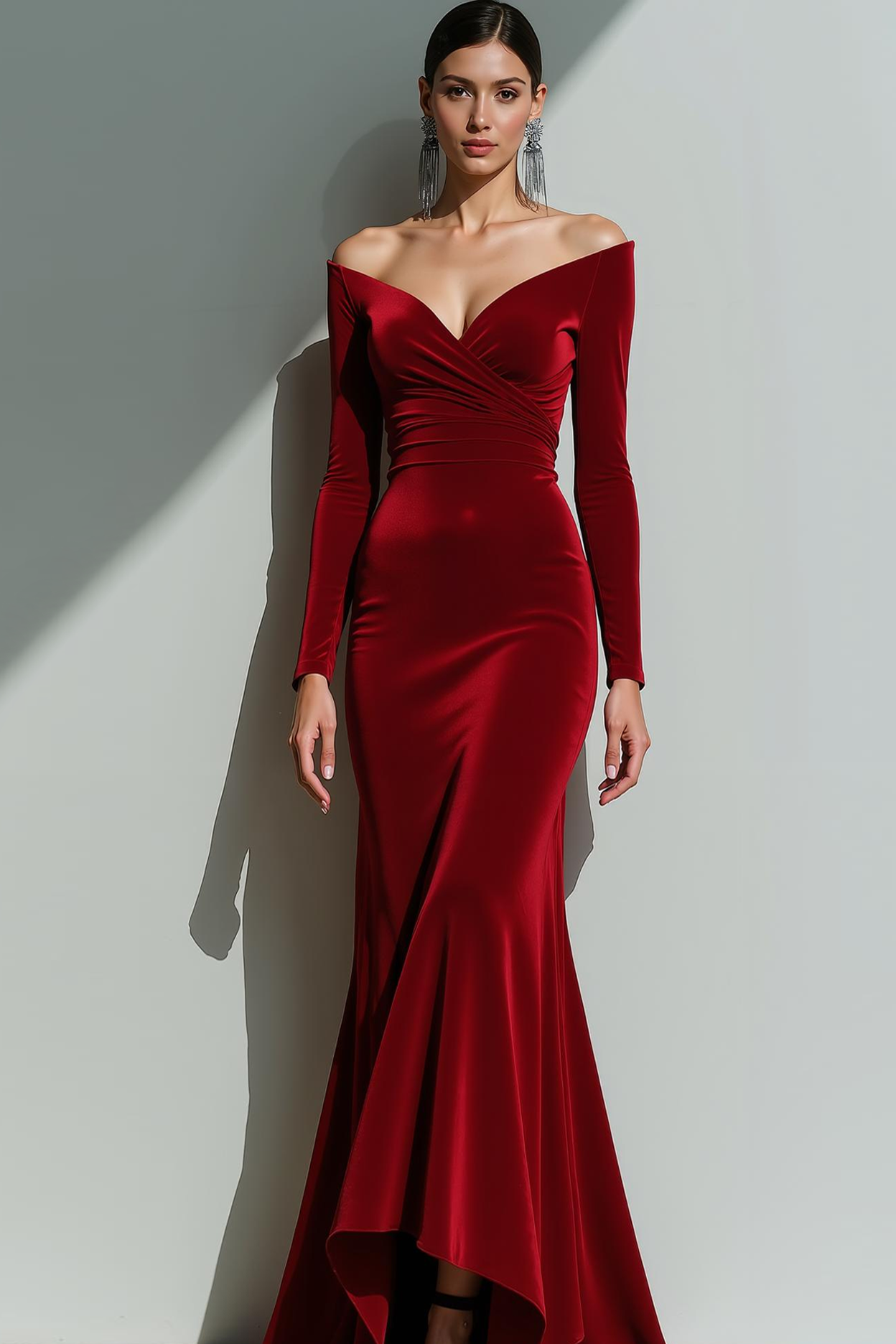 Modecrush Velvet Sheath Blue Off the Shoulder Long Sleeves Formal Dress 