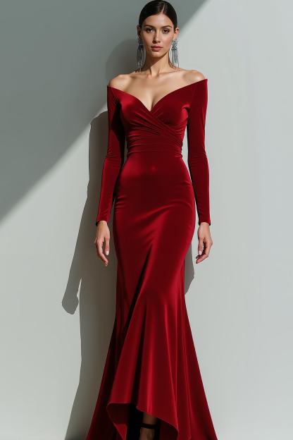 Modecrush Velvet Sheath Blue Off the Shoulder Long Sleeves Formal Dress 