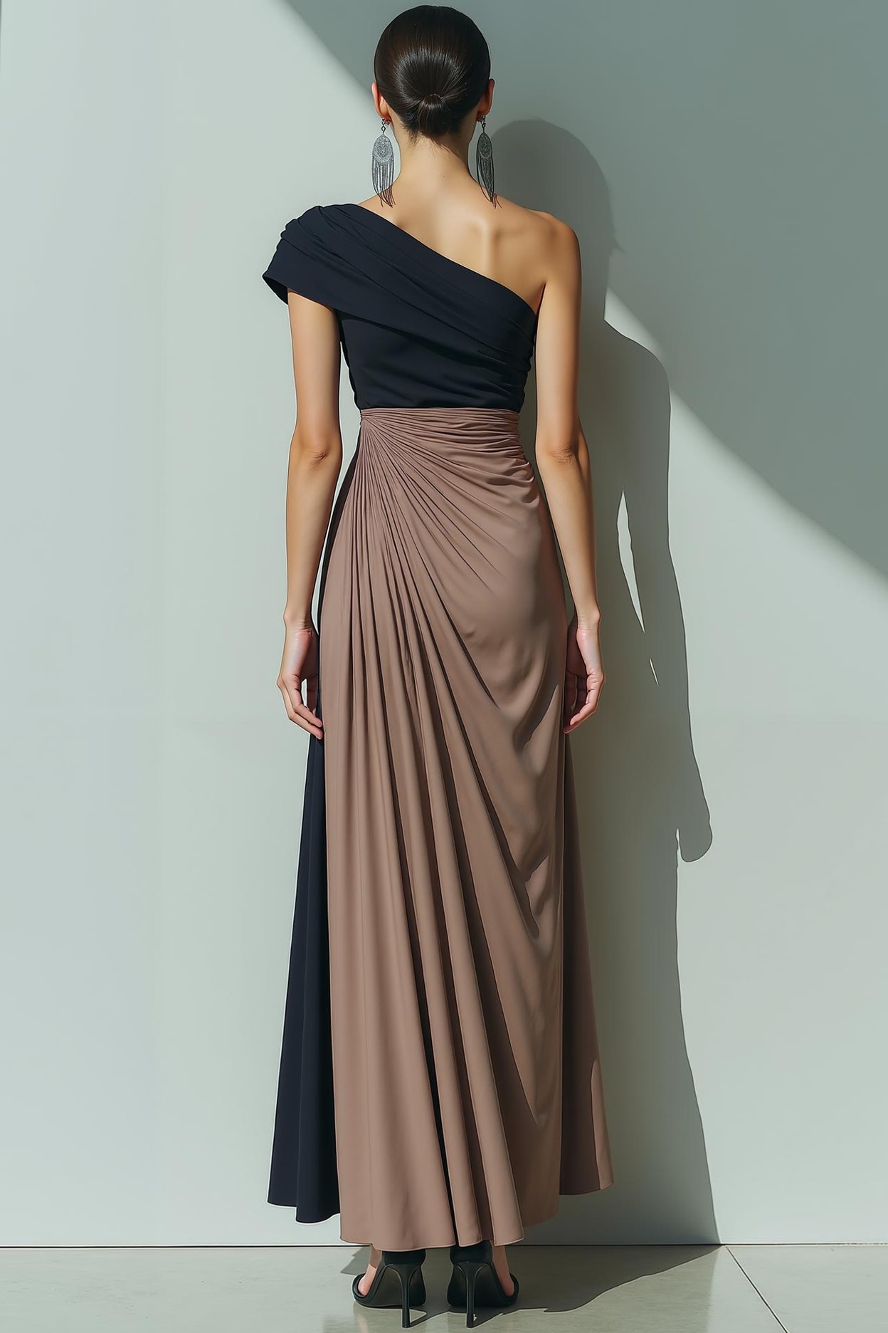 Modecrush Sheath Brown One Shoulder Cap Sleeve Splicing Formal Dress 