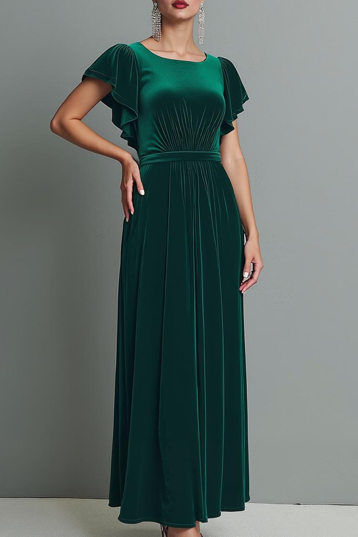 Modecrush Velvet Sheath Dark Green Crew Neck Ruffle Sleeves Formal Dress 