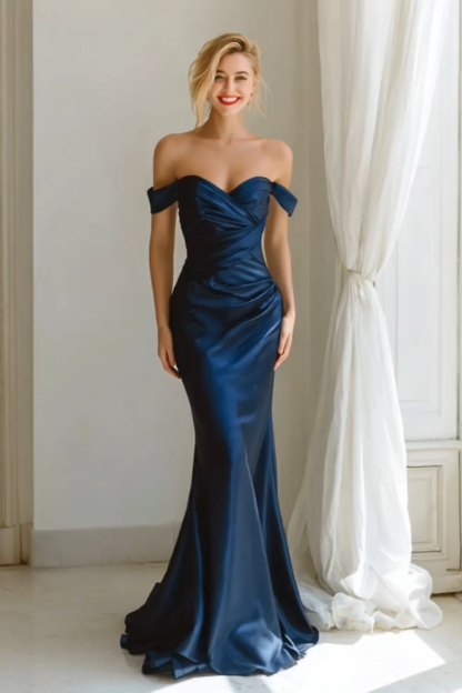 Modecrush Navy Mermaid Off the Shoulder Satin Long Prom Dress 