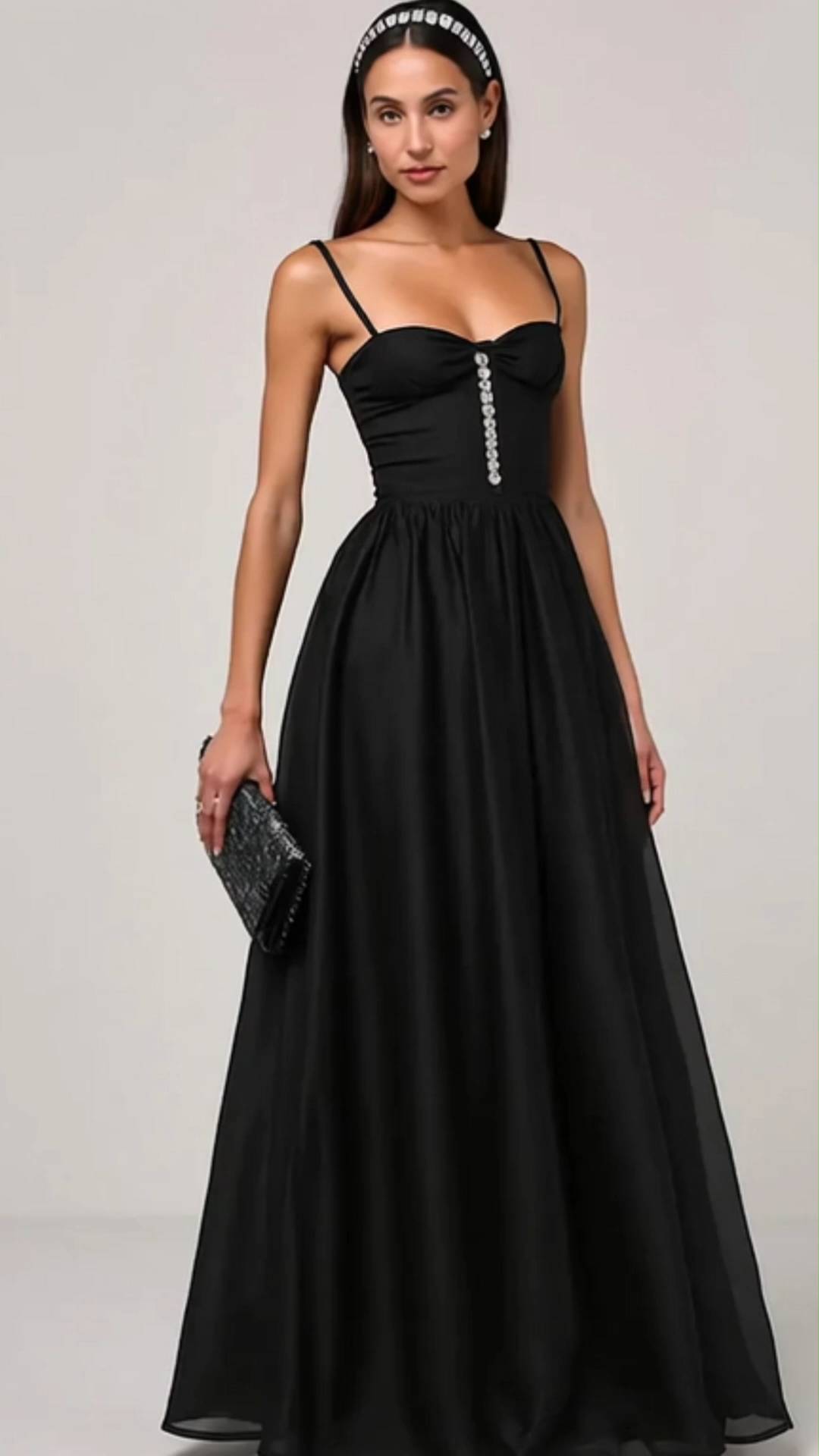 Modecrush Black Rhinestone Embellished Satin A-Line Long Formal Dress