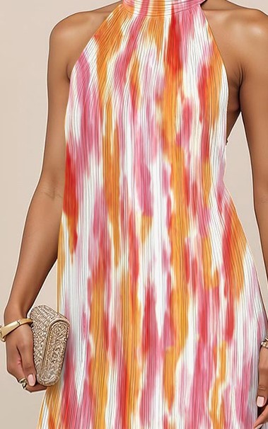 Modecrush Orange Floral Chiffon Halter A-Line Long Dress with Pleats
