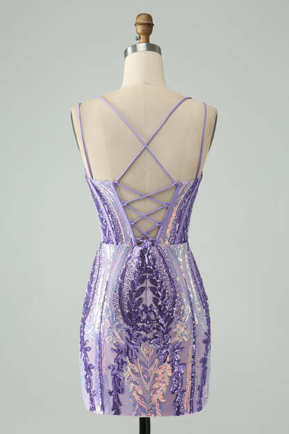 Sparkly Sequin Deep Purple Corset Mini Dress for Homecoming