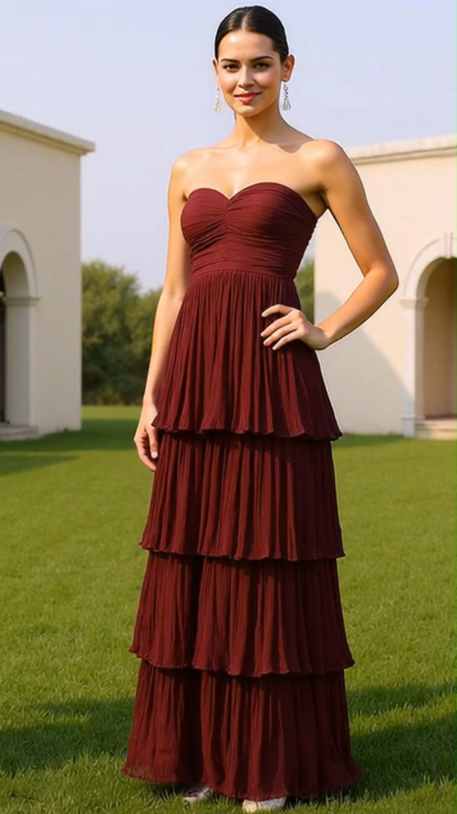 Modecrush Dark Red Tiered Chiffon Strapless A-Line Long Dress with Pleats