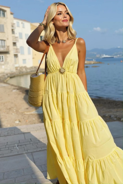 Modecrush Simple Yellow Cotton V-Neck A-Line Dress with Backless Design